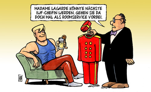 Cartoon: Lagarde (medium) by Harm Bengen tagged lagarde,strauss,kahn,iwf,währungsfonds,chef,chefin,vorsitz,gefängnis,roomservice,liftboy,zimmermädchen,strauss kahn,iwf,nachfolge,streit,chef,machtkampf,wirtschaft,strauss,kahn,haft,vergewaltigung,untersuchungshaft,gefängnis,sex,roomservice,liftboy,zimmermädchen,währungsfonds