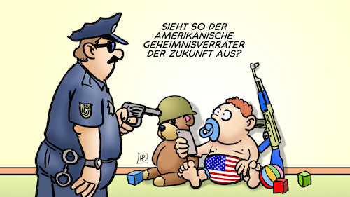 Cartoon: Leaker verhaftet (medium) by Harm Bengen tagged baby,polizist,amerikanische,geheimnisverraeter,zukunft,teddy,spielzeug,ball,stahlhelm,ak47,top,secret,leaks,krieg,ukraine,russland,harm,bengen,cartoon,karikatur,baby,polizist,amerikanische,geheimnisverraeter,zukunft,teddy,spielzeug,ball,stahlhelm,ak47,top,secret,leaks,krieg,ukraine,russland,harm,bengen,cartoon,karikatur