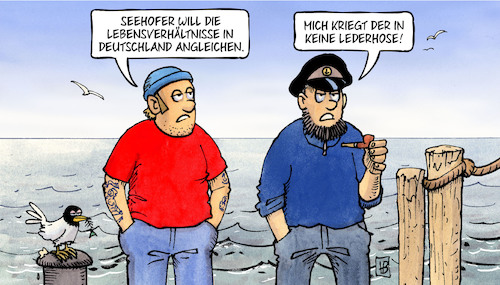 Cartoon: Lebensverhältnisse (medium) by Harm Bengen tagged seehofer,lebensverhältnisse,deutschland,angleichen,lederhose,norddeutschland,meer,harm,bengen,cartoon,karikatur,seehofer,lebensverhältnisse,deutschland,angleichen,lederhose,norddeutschland,meer,harm,bengen,cartoon,karikatur