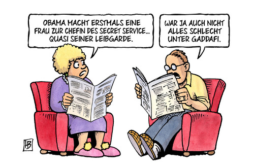 Cartoon: Leibgarde (medium) by Harm Bengen tagged obama,präsident,secret,service,chefin,gaddafi,usa,frau,pierson,harm,bengen,cartoon,karikatur,obama,präsident,secret,service,chefin,gaddafi,usa,frau,pierson,harm,bengen,cartoon,karikatur