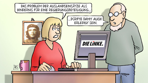 Cartoon: Linke und Auslandseinsätze (medium) by Harm Bengen tagged auslandseinsätze,bundeswehr,hindernis,regierungsbeteiligung,monitor,computer,linke,afghanistan,deutschland,rettungsmission,abzug,taliban,harm,bengen,cartoon,karikatur,auslandseinsätze,bundeswehr,hindernis,regierungsbeteiligung,monitor,computer,linke,afghanistan,deutschland,rettungsmission,abzug,taliban,harm,bengen,cartoon,karikatur