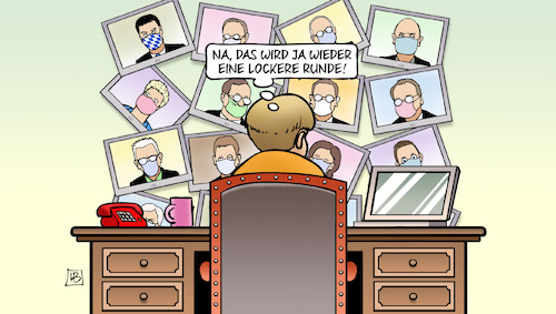 Cartoon: Lockere Runde (medium) by Harm Bengen tagged lockere,runde,merkel,videokonferenz,lockerungen,ministerpräsidenten,corona,harm,bengen,cartoon,karikatur,lockere,runde,merkel,videokonferenz,lockerungen,ministerpräsidenten,corona,harm,bengen,cartoon,karikatur