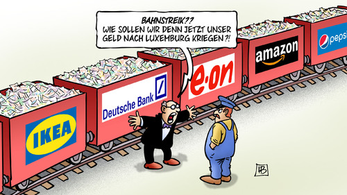 Cartoon: Luxemburg-Deals (medium) by Harm Bengen tagged bahnstreik,luxemburg,deals,leaks,juncker,geld,gdl,streik,bahn,db,weselsky,harm,bengen,cartoon,karikatur,bahnstreik,luxemburg,deals,leaks,juncker,geld,gdl,streik,bahn,db,weselsky,harm,bengen,cartoon,karikatur