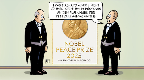 Cartoon: Machado-Nobelpreis (medium) by Harm Bengen tagged friedensnobelpreis,oslo,preisverleihung,machado,pentagon,usa,planungen,venezuela,invasion,harm,bengen,cartoon,karikatur,friedensnobelpreis,oslo,preisverleihung,machado,pentagon,usa,planungen,venezuela,invasion,harm,bengen,cartoon,karikatur