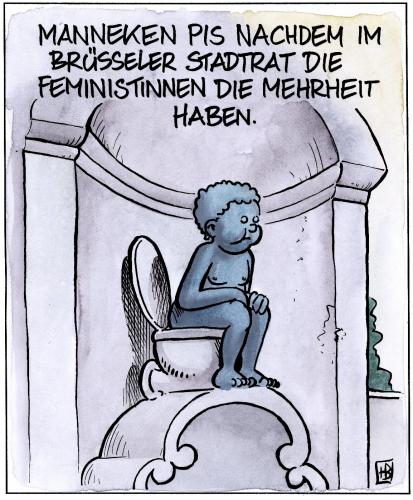 Cartoon: Manneken Pis (medium) by Harm Bengen tagged manneken,pis,bruxelles,brüssel,feminismus,,feminismus,brüssel,manneken,feministinnen,mehrheit,stadtrat,statue,toilette,klo,junge,pinkeln,mann,frau,geschlechter,sitzpinkler,geschlechterkrieg,macho,frauenbewegung,gleichberechtigung,symbol,wahrzeichen,sinnbild,hieronymus   duquesnoy,brabant,belgien,flandern,wallonien,janneken pis,political correctness,weichei,skulptur,hieronymus,duquesnoy,janneken,pis,political,correctness,figur,figurette,plastik,bronze