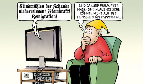 Cartoon: Maul- und Klauenseuche (medium) by Harm Bengen tagged windmühlen,schande,niederreissen,atomkraft,remigration,weidel,afd,parteitag,tv,michel,maul,klauenseuche,ansteckung,irrsinn,menschen,harm,bengen,cartoon,karikatur,windmühlen,schande,niederreissen,atomkraft,remigration,weidel,afd,parteitag,tv,michel,maul,klauenseuche,ansteckung,irrsinn,menschen,harm,bengen,cartoon,karikatur