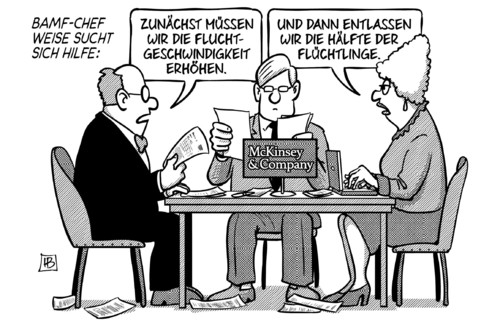 Cartoon: McKinsey (medium) by Harm Bengen tagged bamf,chef,weise,hilfe,fluchtgeschwindigkeit,entlasse,entlassung,unternehmensberatung,mckinsey,flüchtlinge,asyl,harm,bengen,cartoon,karikatur