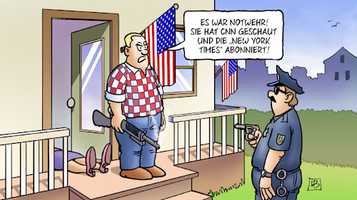 Cartoon: Medien-Notwehr (medium) by Harm Bengen tagged medien,notwehr,kritik,mord,polizei,trump,usa,pressefreiheit,cnn,new,york,times,abonniert,harm,bengen,cartoon,karikatur,medien,notwehr,kritik,mord,polizei,trump,usa,pressefreiheit,cnn,new,york,times,abonniert,harm,bengen,cartoon,karikatur