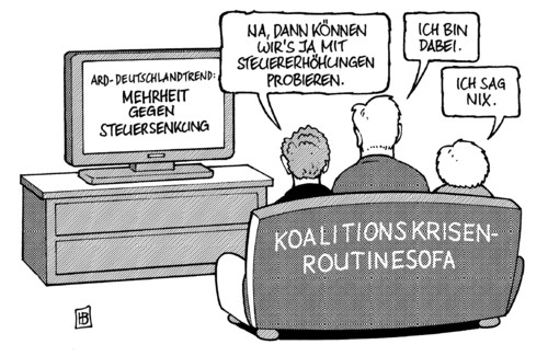 Cartoon: Mehrheit gegen Steuersenkung (medium) by Harm Bengen tagged steuersenkung,steuererleichterung,steuern,steuer,steuererhöhung,wahlversprechen,krise,koalition,routine,cdu,csu,horst seehofer,angela merkel,deutschlandtrend,guido westerwelle,horst,seehofer,angela,merkel,guido,westerwelle