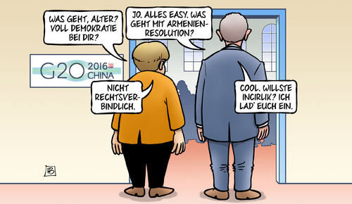 Cartoon: Merkel-Erdogan-G20 (medium) by Harm Bengen tagged g20,erdogan,merkel,karikatur,cartoon,bengen,harm,einladung,besuchsrecht,parlament,incirlik,rechtsverbindlich,bundeswehr,bundestag,armenienresolution,demokratie,gespräche,china,merkel,erdogan,g20,china,gespräche,demokratie,armenienresolution,bundestag,bundeswehr,rechtsverbindlich,incirlik,parlament,besuchsrecht,einladung,harm,bengen,cartoon,karikatur