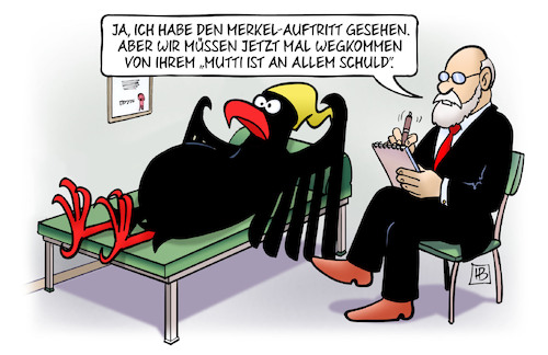 Cartoon: Merkel-Schuld (medium) by Harm Bengen tagged merkel,auftritt,mutti,schuld,bundesadler,adler,psychiater,psychologe,harm,bengen,cartoon,karikatur,merkel,auftritt,mutti,schuld,bundesadler,adler,psychiater,psychologe,harm,bengen,cartoon,karikatur