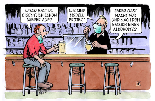 Cartoon: Modellprojekt (medium) by Harm Bengen tagged modellprojekt,kneipe,gast,besuch,alkoholtest,corona,masken,harm,bengen,cartoon,karikatur,modellprojekt,kneipe,gast,besuch,alkoholtest,corona,masken,harm,bengen,cartoon,karikatur