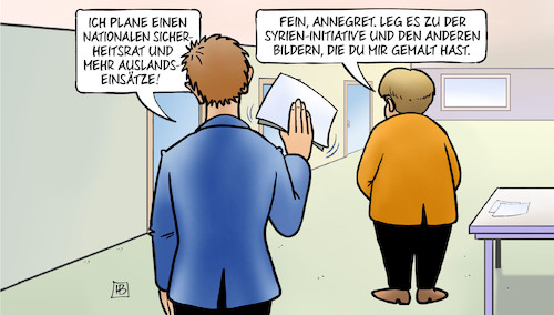 Cartoon: Nationaler Sicherheitsrat (medium) by Harm Bengen tagged planung,nationaler,sicherheitsrat,auslandseinsätze,bundeswehr,kramp,karrenbauer,verteidigungsministerin,merkel,syrien,initiative,bilder,gemalt,harm,bengen,cartoon,karikatur,planung,nationaler,sicherheitsrat,auslandseinsätze,bundeswehr,kramp,karrenbauer,verteidigungsministerin,merkel,syrien,initiative,bilder,gemalt,harm,bengen,cartoon,karikatur