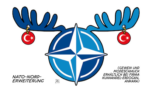 Cartoon: NATO-Norderweiterung (medium) by Harm Bengen tagged nato,norderweiterung,geweih,modeschmuck,kuhhandel,erdogan,türkei,schweden,finnland,aufrüstung,ohrringe,elch,gipfel,madrid,krieg,ukraine,russland,harm,bengen,cartoon,karikatur,nato,norderweiterung,geweih,modeschmuck,kuhhandel,erdogan,türkei,schweden,finnland,aufrüstung,ohrringe,elch,gipfel,madrid,krieg,ukraine,russland,harm,bengen,cartoon,karikatur