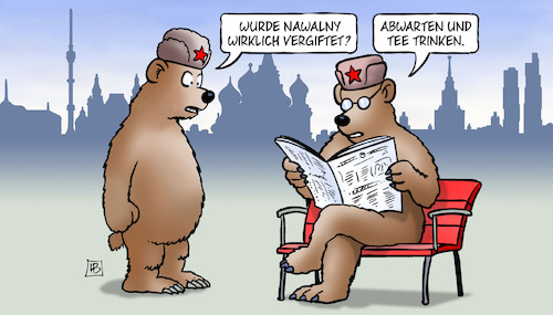 Cartoon: Nawalny-Vergiftung (medium) by Harm Bengen tagged nawalny,russland,bären,regimekritiker,vergiftung,moskau,abwarten,tee,trinken,harm,bengen,cartoon,karikatur,nawalny,russland,bären,regimekritiker,vergiftung,moskau,abwarten,tee,trinken,harm,bengen,cartoon,karikatur