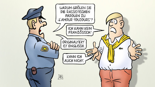 Cartoon: Nazis und Fremdsprachen (medium) by Harm Bengen tagged polizist,parolen,lamour,toujours,französisch,text,englisch,party,hits,rassistische,gesänge,naziparolen,sylt,feiern,harm,bengen,cartoon,karikatur,polizist,parolen,lamour,toujours,französisch,text,englisch,party,hits,rassistische,gesänge,naziparolen,sylt,feiern,harm,bengen,cartoon,karikatur