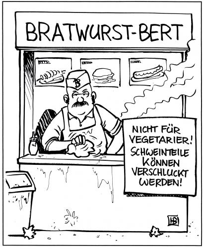 Cartoon: Nicht für Vegetarier (medium) by Harm Bengen tagged vegetarier,vegetarismus,fleisch,imbiss,fast food,essen,wurst,bratwurst,vegan,fleischfresser,karnivore,konsumgesellschaft,fleischlos,fleischprodukte,gemüse,lebensmittel,fastfood,straight edge,tierische fette,fast,food,straight,edge,tierische,fette,vegetarisch