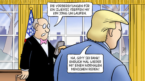 Cartoon: Normale Menschen (medium) by Harm Bengen tagged vorbereitungen,zweites,treffen,trump,kim,jong,un,usa,nordkorea,harm,bengen,cartoon,karikatur,vorbereitungen,zweites,treffen,trump,kim,jong,un,usa,nordkorea,harm,bengen,cartoon,karikatur