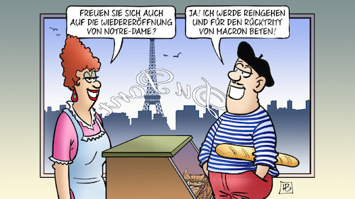 Cartoon: Notre-Dame-Wiedereröffnung (medium) by Harm Bengen tagged wiedereröffnung,notre,dame,rücktritt,macron,beten,paris,frankreich,regierung,sturz,harm,bengen,cartoon,karikatur,wiedereröffnung,notre,dame,rücktritt,macron,beten,paris,frankreich,regierung,sturz,harm,bengen,cartoon,karikatur