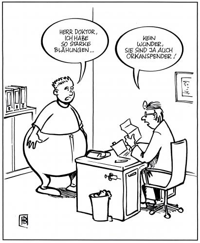 Cartoon: Orkanspender (medium) by Harm Bengen tagged arzt,patient,doktor,praxis,medizin,krankenkasse,blähungen,krank,krankheit,beschwerde,orkan,organspende,organe,krankenversicherung,diagnose,untersuchung,spender,pupsen,furzen