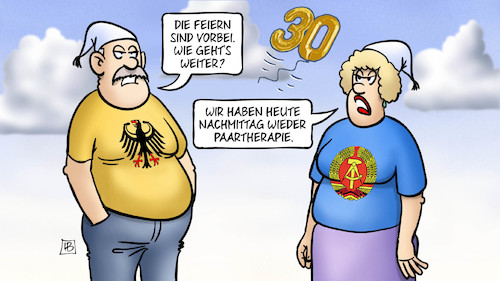 Cartoon: Paartherapie (medium) by Harm Bengen tagged feiern,luftballon,paartherapie,deutsche,einheit,wiedervereinigung,brd,ddr,30,harm,bengen,cartoon,karikatur,feiern,luftballon,paartherapie,deutsche,einheit,wiedervereinigung,brd,ddr,30,harm,bengen,cartoon,karikatur