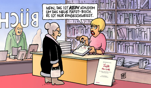 Cartoon: Papstbuch (medium) by Harm Bengen tagged papstbuch,papst,buch,interview,kondom,sexualität,verbot,erlaubnis,katholisch,buchhandel,buchladen,papst,papstbuch,buch,interview,kondom,sexualität,verbot,erlaubnis,katholisch,buchhandel,buchladen,kirche,vatikan,ratzinger,verhütung,sex,tabu,verbote