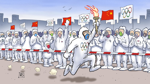 Cartoon: Peking-Fackellauf (medium) by Harm Bengen tagged peking,fackellauf,olympia,corona,china,winterolympiade,schutzkleidung,harm,bengen,cartoon,karikatur,peking,fackellauf,olympia,corona,china,winterolympiade,schutzkleidung,harm,bengen,cartoon,karikatur