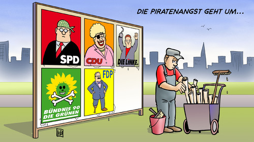 Cartoon: Piratenangst (medium) by Harm Bengen tagged piraten,angst,wahlen,wahlkampf,landtagswahlen,parteien,spd,cdu,fdp,linke,grüne,plakate,plakatwand,plakatieren,piraten,angst,wahlen,wahlkampf,landtagswahlen,parteien,spd,cdu,fdp,linke,plakate,grüne