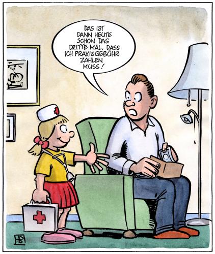 Cartoon: Praxisgebühr (medium) by Harm Bengen tagged praxisgebühren,praxisgebühr,gebühren,praxis,arzt,doktor,patient,gesundheit,beiträge,beitrag,ausgaben,abgaben,bezahlen,krankheit,vater,kind,tochter,spielen,medizin,krankenkasse,krank,beschwerde,krankenversicherung,untersuchung,teuer,wucher,armut,arm,kindheit,verkleiden,familie