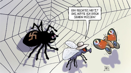 Cartoon: Rechtes Netz (medium) by Harm Bengen tagged rechtes,netzwerk,nazis,rechtsextreme,spinne,fliege,schmetterling,agent,harm,bengen,cartoon,karikatur,rechtes,netzwerk,nazis,rechtsextreme,spinne,fliege,schmetterling,agent,harm,bengen,cartoon,karikatur