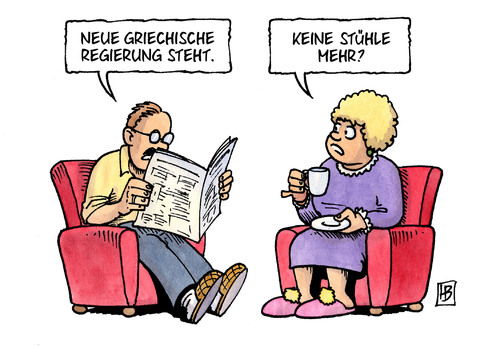 Cartoon: Regierung steht (medium) by Harm Bengen tagged regierung,steht,griechenland,pasok,nea,dimokratia,samaras,venizelos,sparen,euro,drachme,krise,stuhl,stühle,regierung,griechenland,nea,dimokratia,samaras,venizelos,sparen