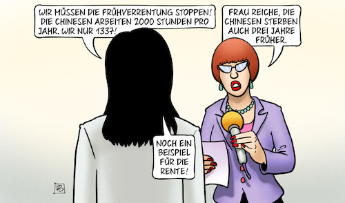 Cartoon: Reiche China-Beispiel (medium) by Harm Bengen tagged frühverrentung,rente,chinesen,arbeitsstunden,reiche,sterben,lebenserwartung,interview,harm,bengen,cartoon,karikatur,frühverrentung,rente,chinesen,arbeitsstunden,reiche,sterben,lebenserwartung,interview,harm,bengen,cartoon,karikatur