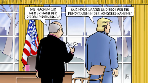 Cartoon: Reisen-Streichung (medium) by Harm Bengen tagged trump,oval,office,winter,reisen,streichung,pelosi,wasser,brot,demokraten,kongress,kantine,shutdown,haushaltssperre,harm,bengen,cartoon,karikatur,trump,oval,office,winter,reisen,streichung,pelosi,wasser,brot,demokraten,kongress,kantine,shutdown,haushaltssperre,harm,bengen,cartoon,karikatur