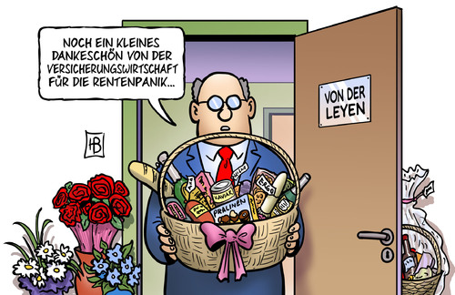 Cartoon: Rentenpanik (medium) by Harm Bengen tagged dankeschoen,dank,bedanken,bestechung,klientel,versicherungswirtschaft,versicherungen,axa,allianz,ergo,rentenpanik,rente,zuschussrente,vorsorge,arbeitsministerin,von,der,leyen,harm,bengen,cartoon,karikatur,dankeschoen,dank,bedanken,bestechung,klientel,versicherungswirtschaft,versicherungen,axa,allianz,ergo,rentenpanik,rente,zuschussrente,vorsorge,arbeitsministerin,von,der,leyen,harm,bengen,cartoon,karikatur