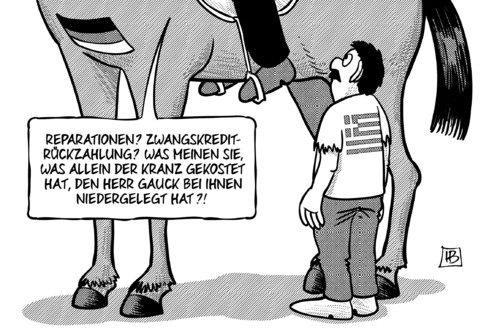 Cartoon: Reparationen (medium) by Harm Bengen tagged reparationen,zwangskreditrueckzahlung,zwangskredit,zwangsanleihe,schulden,kriegsverbrechen,krieg,deutschland,hohes,ross,pferd,kranz,gauck,bundespraesident,institutionen,hilfe,griechen,eurozone,ablehnen,ezb,iwf,troika,eu,euro,europa,griechenland,harm,bengen,cartoon,karikatur