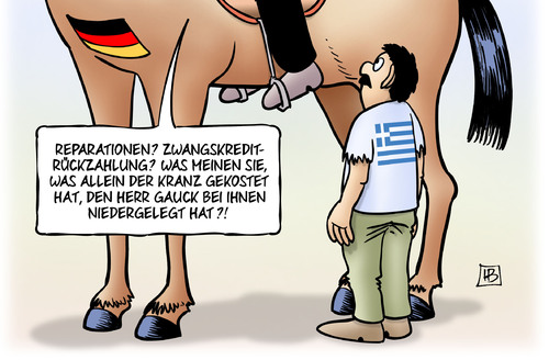 Cartoon: Reparationen (medium) by Harm Bengen tagged reparationen,zwangskreditrueckzahlung,zwangskredit,zwangsanleihe,schulden,kriegsverbrechen,krieg,deutschland,hohes,ross,pferd,kranz,gauck,bundespraesident,institutionen,hilfe,griechen,eurozone,ablehnen,ezb,iwf,troika,eu,euro,europa,griechenland,harm,bengen,cartoon,karikatur,reparationen,zwangskreditrueckzahlung,zwangskredit,zwangsanleihe,schulden,kriegsverbrechen,krieg,deutschland,hohes,ross,pferd,kranz,gauck,bundespraesident,institutionen,hilfe,griechen,eurozone,ablehnen,ezb,iwf,troika,eu,euro,europa,griechenland,harm,bengen,cartoon,karikatur