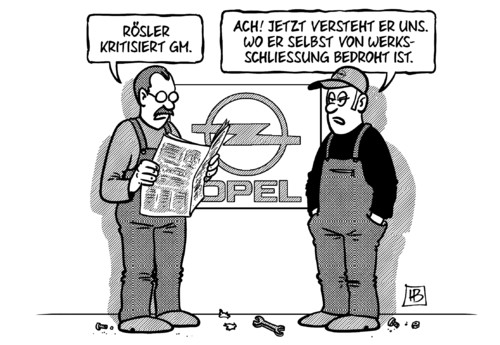 Cartoon: Rösler und GM (medium) by Harm Bengen tagged rösler,wirtschaftsminister,fdp,gm,general,motors,opel,werksschließung,harm,bengen,cartoon,karikatur
