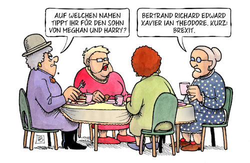 Cartoon: Royal-Baby-Name (medium) by Harm Bengen tagged royals,baby,name,sohn,meghan,harry,uk,bertrand,richard,edward,xavier,ian,theodore,brexit,susemil,kaffeeklatsch,harm,bengen,cartoon,karikatur,royals,baby,name,sohn,meghan,harry,uk,bertrand,richard,edward,xavier,ian,theodore,brexit,susemil,kaffeeklatsch,harm,bengen,cartoon,karikatur