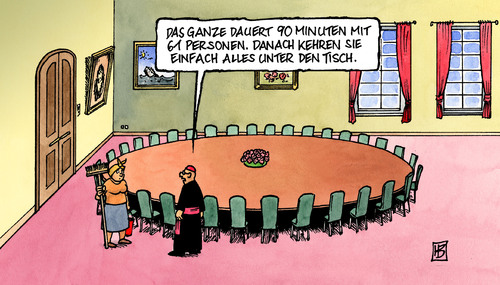 Cartoon: Runder Tisch (medium) by Harm Bengen tagged runder,tisch,bundesregierung,schröder,leuthaueser,schnarrenberger,zollitsch,katholisch,kirche,opfer,missbrauch,pruegel,ohrfeigen,bischoff,mixa,geistlich,religion,paedophil,zoelibat,putzen,kehren,vertuschen,wohlfahrtsverbaende,schulen,ackermann,verjaehrung,runder,bundesregierung,schröder,leuthaueser,schnarrenberger,zollitsch,katholisch,kirche,opfer,missbrauch,geistlich,bischoff,ohrfeigen,prügel,gewalt,religion,skandal,zölibat