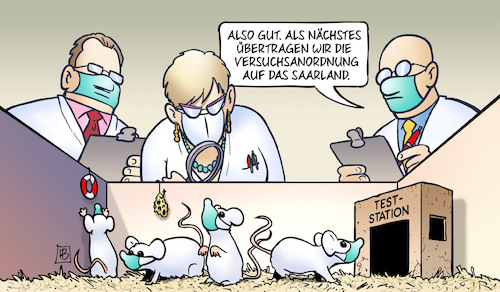 Cartoon: Saarland-Modell (medium) by Harm Bengen tagged versuchsanordnung,saarland,modellprojekt,mäuse,wissenschaftler,corona,masken,tierversuche,versuchskaninchen,harm,bengen,cartoon,karikatur,versuchsanordnung,saarland,modellprojekt,mäuse,wissenschaftler,corona,masken,tierversuche,versuchskaninchen,harm,bengen,cartoon,karikatur