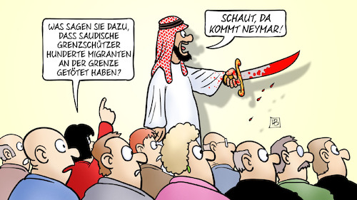 Cartoon: Saudis morden Migranten (medium) by Harm Bengen tagged saudis,saudi,arabien,saudische,grenzschützer,migranten,mord,neymar,blut,ablenkung,flüchtlinge,äthiopien,harm,bengen,cartoon,karikatur,saudis,saudi,arabien,saudische,grenzschützer,migranten,mord,neymar,blut,ablenkung,flüchtlinge,äthiopien,harm,bengen,cartoon,karikatur