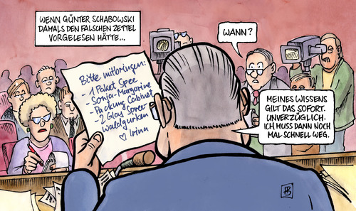 Cartoon: Schabowskis Zettel (medium) by Harm Bengen tagged günter,schabowski,zettel,zk,sed,mauer,mauerfall,20,jahre,pressekonferenz,maueröffnung,ausreise,einkaufszettel,günter schabowski,zettel,zk,sed,mauer,mauerfall,20 jahre,1989,berlin,berliner mauer,wiedervereinigung,maueröffnung,pressekonferenz,einkaufszettel,ost,west,günter,schabowski,20,jahre,berliner