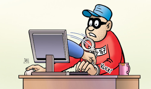 Cartoon: Schlag vs. Cybercrime (medium) by Harm Bengen tagged cybercrime,monitor,computer,handschellen,panzerknacker,verhaftung,razzia,harm,bengen,cartoon,karikatur,cybercrime,monitor,computer,handschellen,panzerknacker,verhaftung,razzia,harm,bengen,cartoon,karikatur