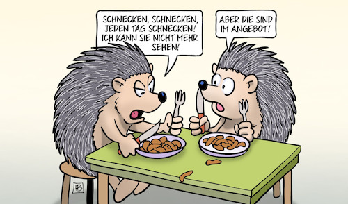 Cartoon: Schnecken (medium) by Harm Bengen tagged schnecken,nacktschnecken,invasion,plage,garten,igel,essen,fressen,angebot,harm,bengen,cartoon,karikatur,schnecken,nacktschnecken,invasion,plage,garten,igel,essen,fressen,angebot,harm,bengen,cartoon,karikatur