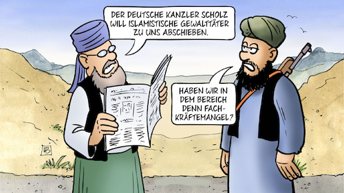 Cartoon: Scholz-Abschiebungen (medium) by Harm Bengen tagged scholz,islamistische,gewalttäter,islamismus,abschieben,abschiebungen,fachkräftemangel,taliban,afghanistan,zeitung,lesen,harm,bengen,cartoon,karikatur,scholz,islamistische,gewalttäter,islamismus,abschieben,abschiebungen,fachkräftemangel,taliban,afghanistan,zeitung,lesen,harm,bengen,cartoon,karikatur