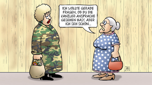 Cartoon: Scholz-Ansprache (medium) by Harm Bengen tagged scholz,tv,kanzler,ansprache,camouflage,jutta,susemil,zaun,russland,ukraine,krieg,harm,bengen,cartoon,karikatur,scholz,tv,kanzler,ansprache,camouflage,jutta,susemil,zaun,russland,ukraine,krieg,harm,bengen,cartoon,karikatur