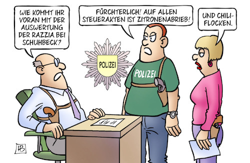 Cartoon: Schuhbeck-Razzia (medium) by Harm Bengen tagged auswertung,polizei,razzia,schuhbeck,sternekoch,steuerakten,zitronenabrieb,chili,flocken,steuerhinterziehung,harm,bengen,cartoon,karikatur,auswertung,polizei,razzia,schuhbeck,sternekoch,steuerakten,zitronenabrieb,chili,flocken,steuerhinterziehung,harm,bengen,cartoon,karikatur