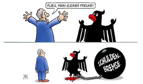 Cartoon: Schuldenbremse bremst (medium) by Harm Bengen tagged vogel,kleiner,freund,adler,bundesadler,kugel,kette,schuldenbremse,gefangen,haushalt,finanzen,investitionen,harm,bengen,cartoon,karikatur,vogel,kleiner,freund,adler,bundesadler,kugel,kette,schuldenbremse,gefangen,haushalt,finanzen,investitionen,harm,bengen,cartoon,karikatur