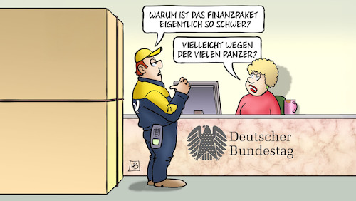 Cartoon: Schweres Paket (medium) by Harm Bengen tagged finanzpaket,panzer,geld,schuldenpaket,sondervermögen,bundestag,schuldenbremse,postbote,paketbote,harm,bengen,cartoon,karikatur,finanzpaket,panzer,geld,schuldenpaket,sondervermögen,bundestag,schuldenbremse,postbote,paketbote,harm,bengen,cartoon,karikatur