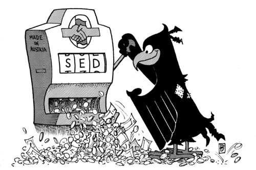 Cartoon: SED-Millionen (medium) by Harm Bengen tagged sed,millionen,bundesadler,haushalt,bank,österreich,schweiz,gericht,spielautomat,hinterziehung,geld,betrug,sozialismus